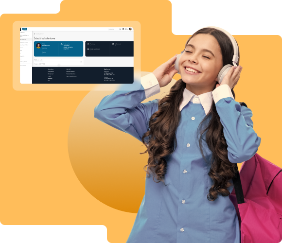 dziewczyna słuchająca dobranego indywidualnie dla niej materiału edukacyjnego + screen ścieżek szkoleniowych z naszej platformy