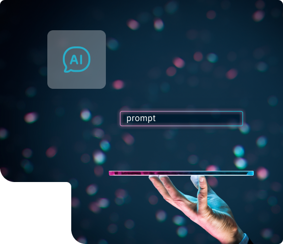 grafika obrazująca wykorzystanie AI i okienko z promptem